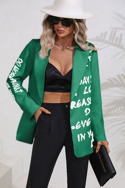 Letter Graphic Button Up Blazer In Mid Green