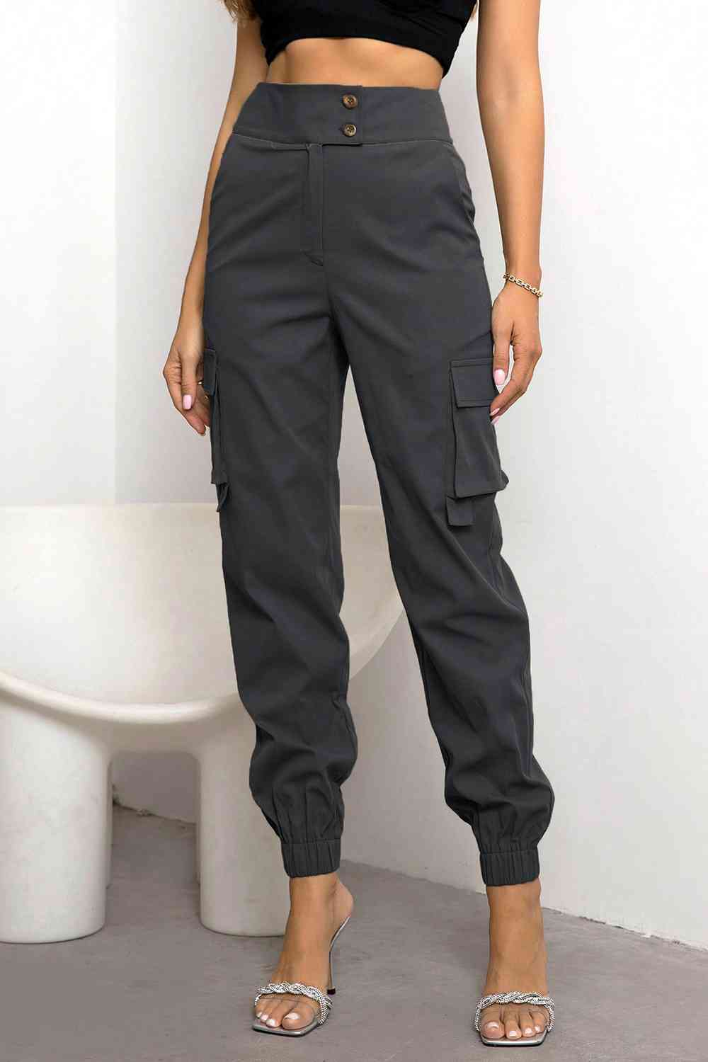 High Waist Cargo Pants In Charcoal