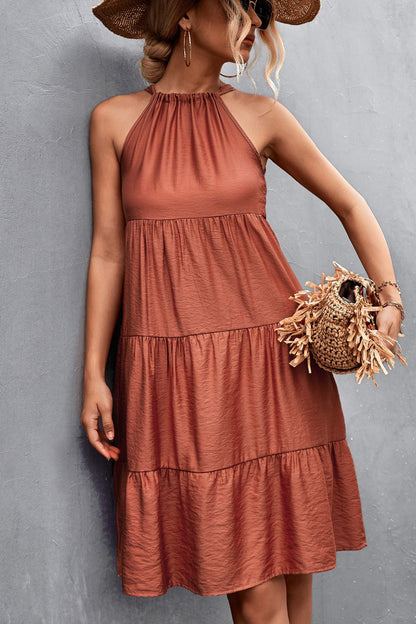 Close-Up, Grecian Tiered Sleeveless Dress In Brick