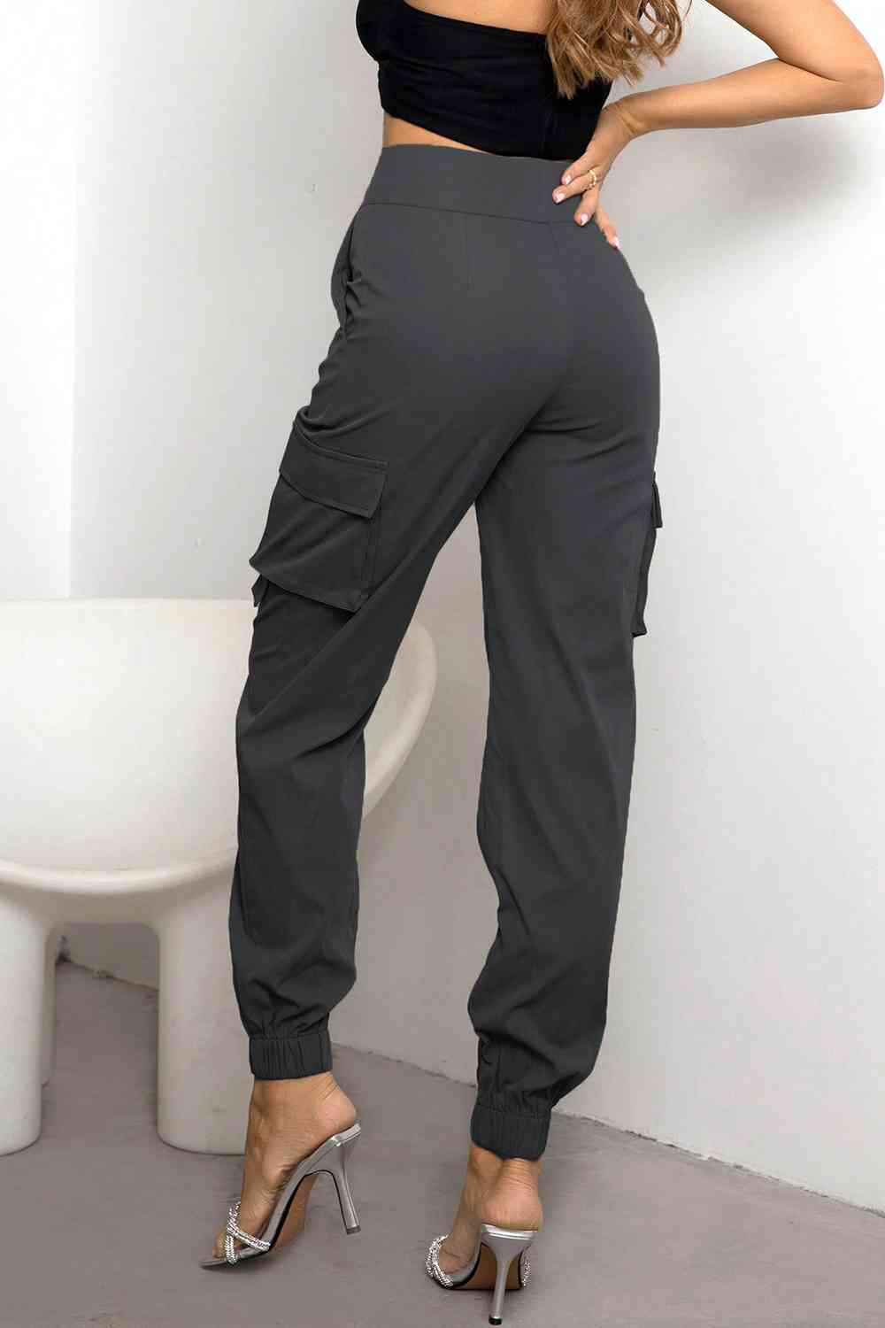 Back View, High Waist Cargo Pants In Charcoal