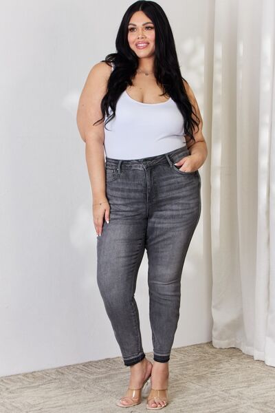 Plus Size, Judy Blue, High Waist Tummy Control Grey Wash Release Hem Skinny Jeans Style 88792