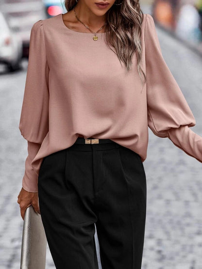 Round Neck Lantern Sleeve Blouse In Dusty Pink