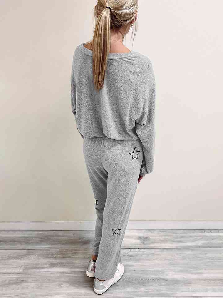 Back View, Star Print Long Sleeve Top and Pants Lounge Set
