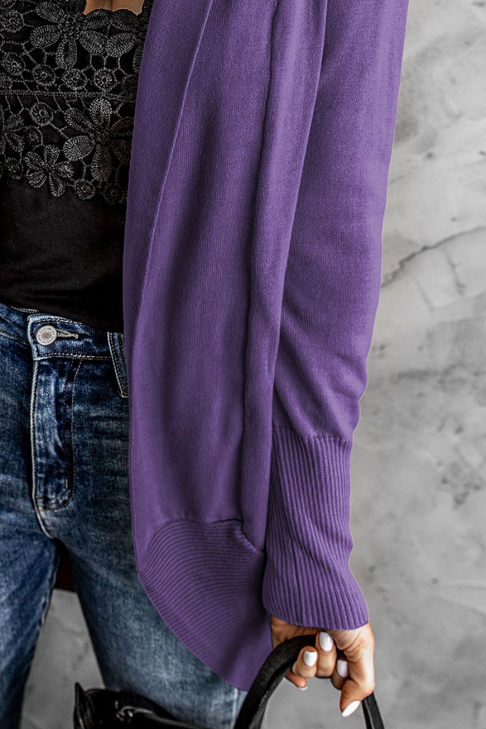 Close-Up, Long Sleeve Ribbed Hem Open Front Longline Cardigan In Purple