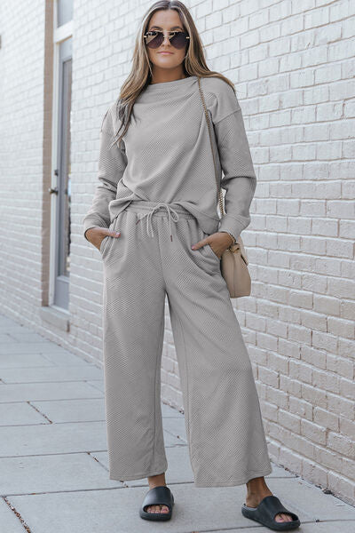 Double Take, Textured Long Sleeve Top and Drawstring Pants Set In Light Gray