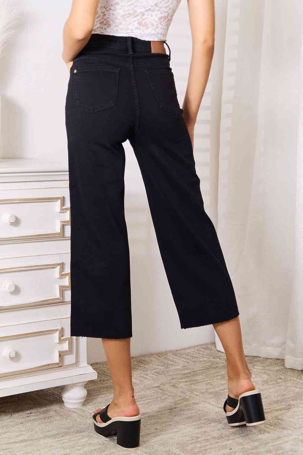 Back View, Judy Blue, High Waist Wide Leg Black Stretchy Cropped Jeans Style 88710