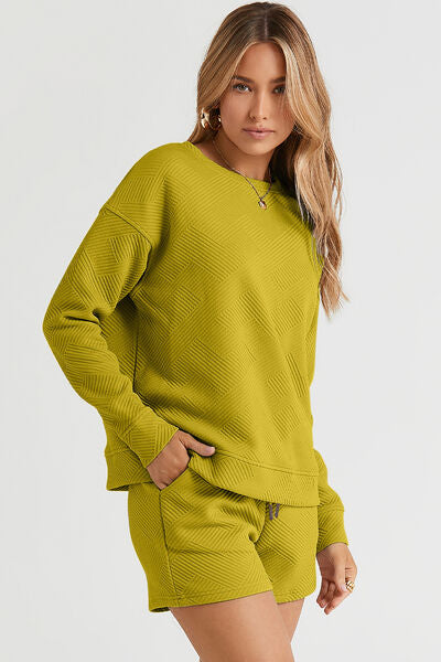 Side VIew, Double Take, Textured Long Sleeve Top and Drawstring Shorts Set In Chartreuse