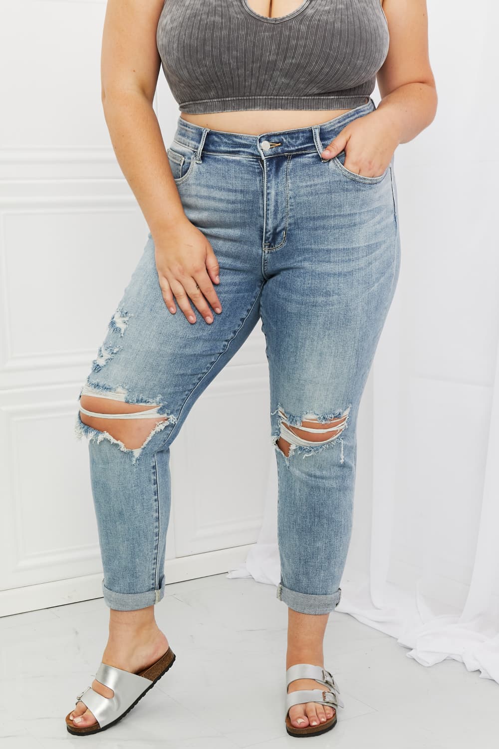 Plus Size, Judy Blue, Mid-Rise Ripped Double Cuff Boyfriend Jeans, 82458