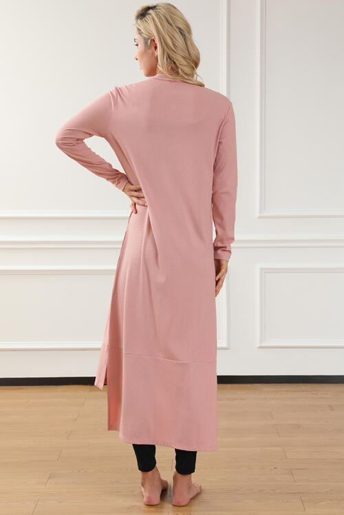 Back View, Button Up High-Low Long Sleeve Slit Cardigan In Blush Pink