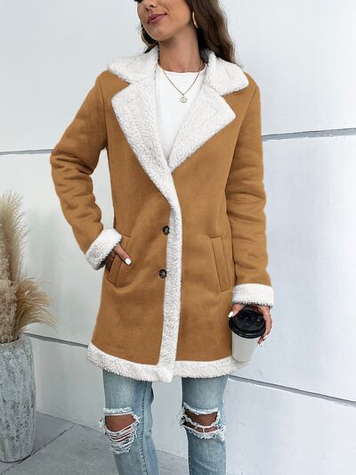 Contrast Button Up Lapel Collar Long Sleeve Coat In Camel Color