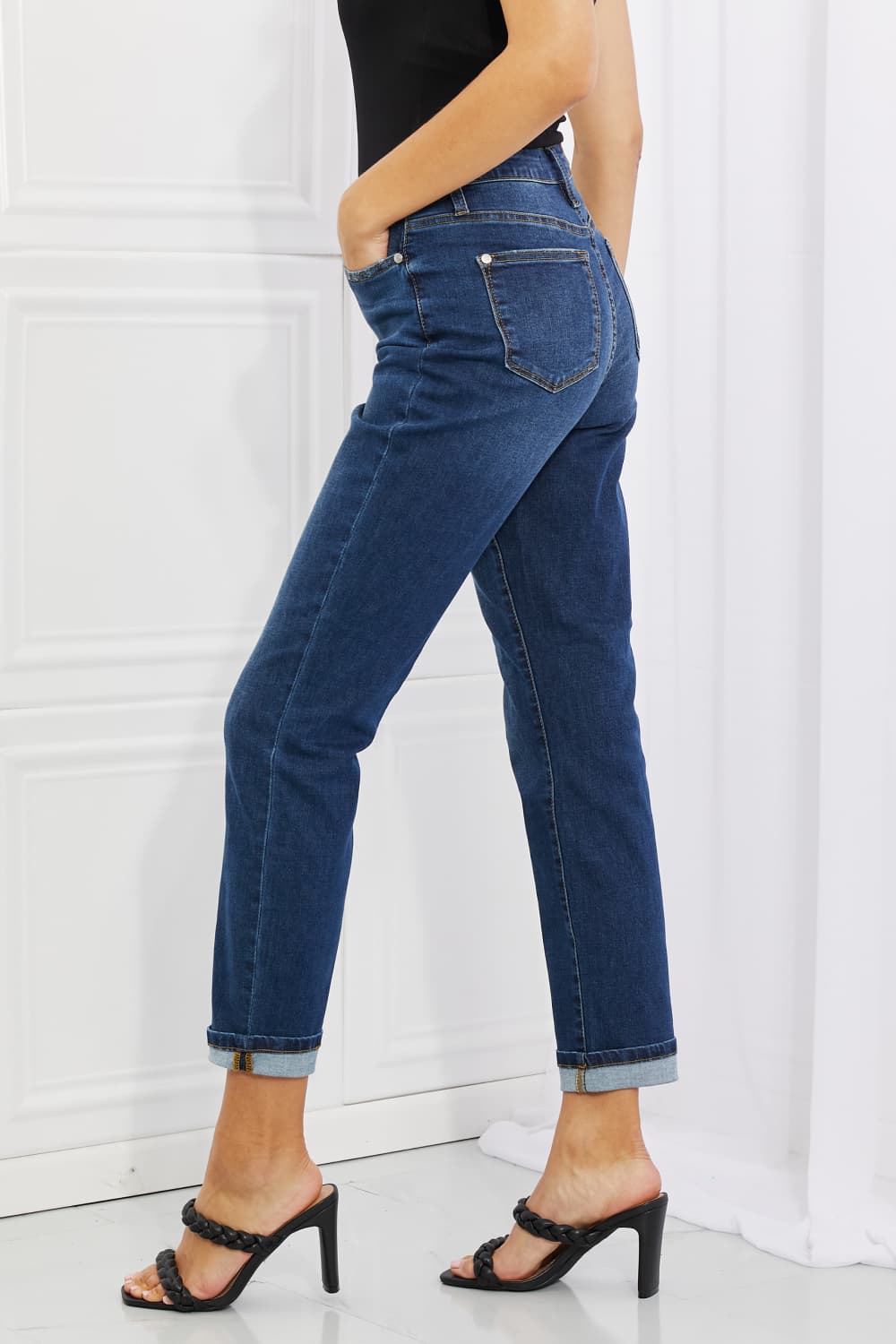 Side View, Judy Blue, High-Rise Sustainable Cool Denim Cuffed Boyfriend Jeans Style 88608