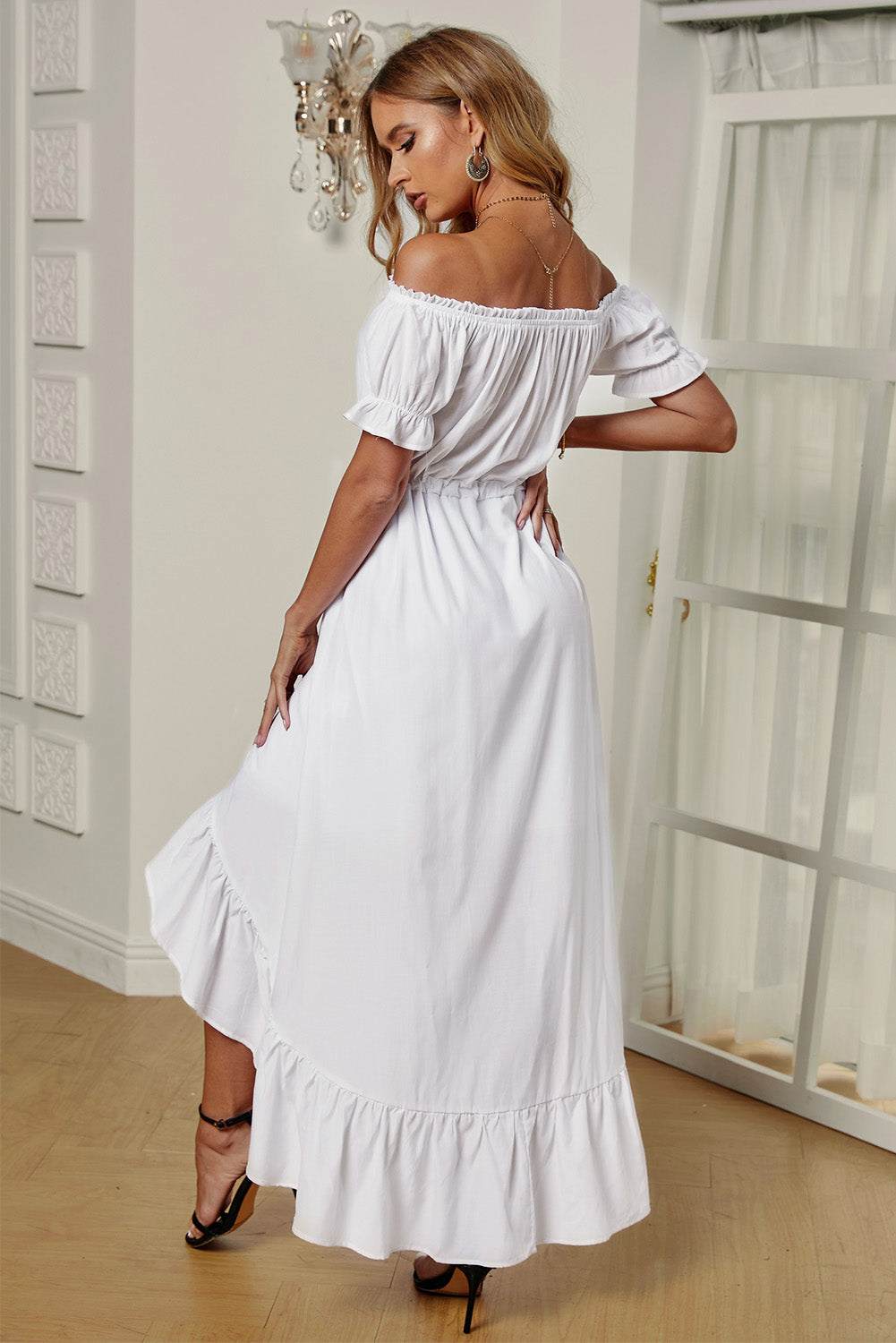Back View, Off-Shoulder Drawstring Waist Ruffled High-Low Dress In White