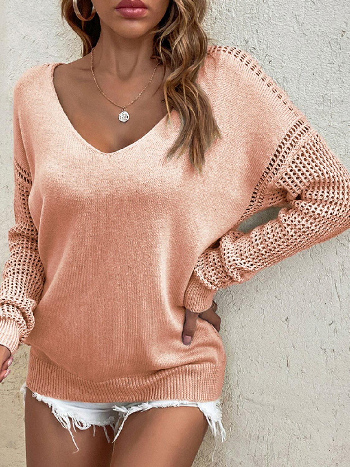 V-Neck Ribbed Trim Long Sleeve Knit Top In Peach Color