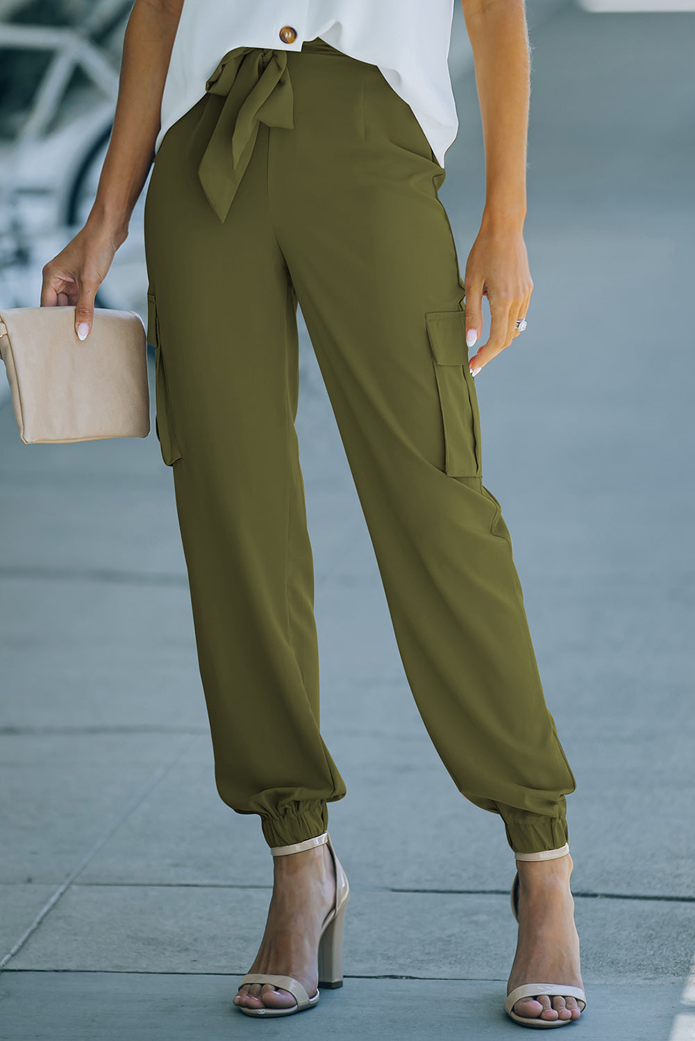 Tie Front High Waist Cargo Joggers In Green
