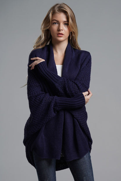 Dolman Sleeve Open Front Ribbed Trim Longline Cardigan In Navy