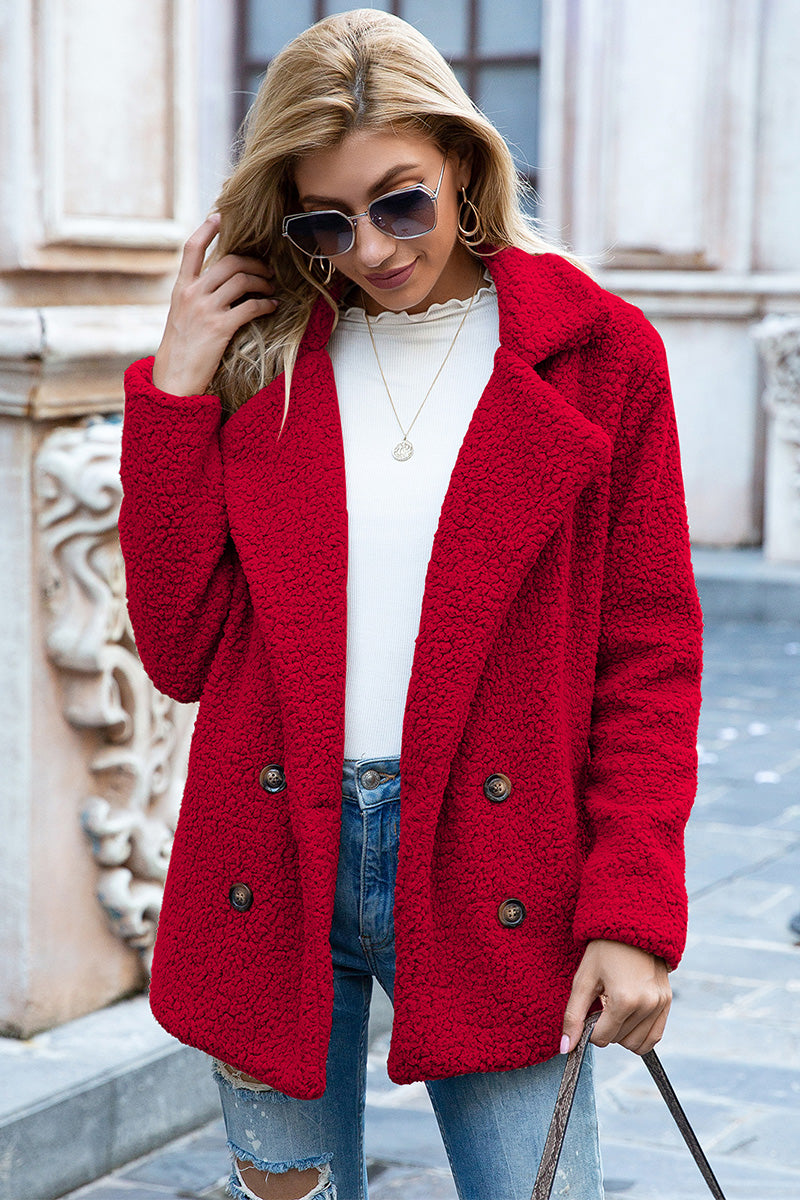 Lapel Collar Sherpa Coat In Deep Red