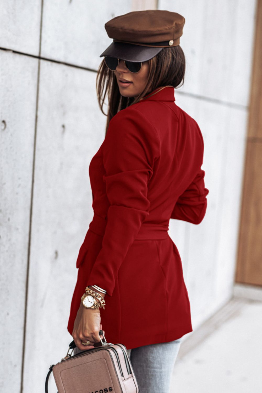 Back View, Belted Shawl Collar Blazer In Red