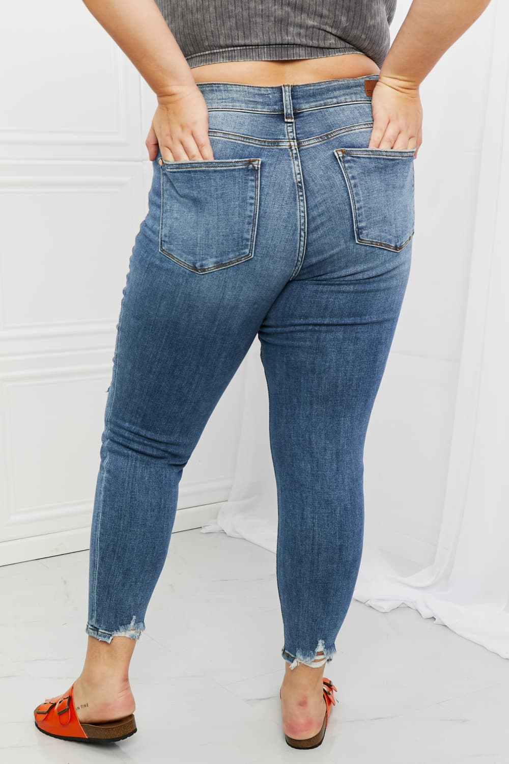 Back View, Plus Size, Judy Blue, Mid Rise Navy Blue Patched Destroy Relaxed Jeans