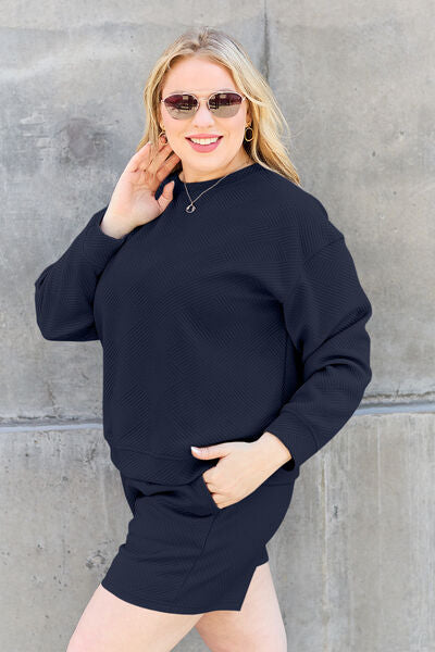 Plus Size, Side VIew, Double Take, Textured Long Sleeve Top and Drawstring Shorts Set In Navy
