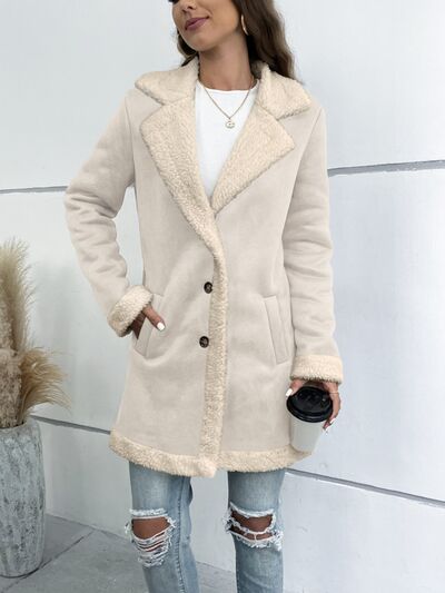 Contrast Button Up Lapel Collar Long Sleeve Coat In Cream