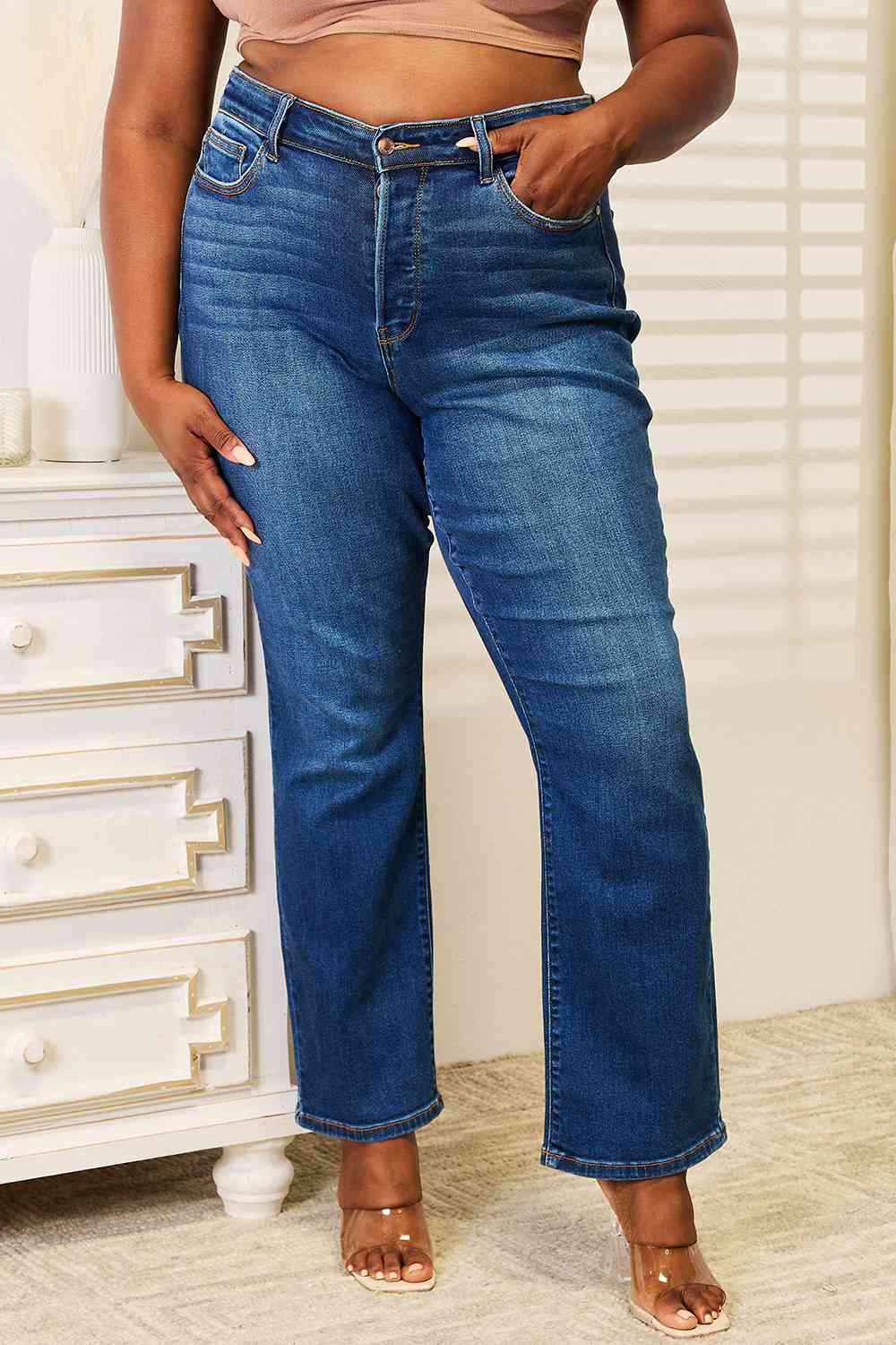 Plus Size, Judy Blue, High-Rise Hidden Button-Fly Straight Leg Dad Jeans Style 82556