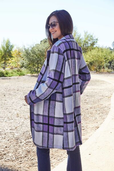 Back View, Double Take, Plaid Button Up Lapel Collar Coat In Violet