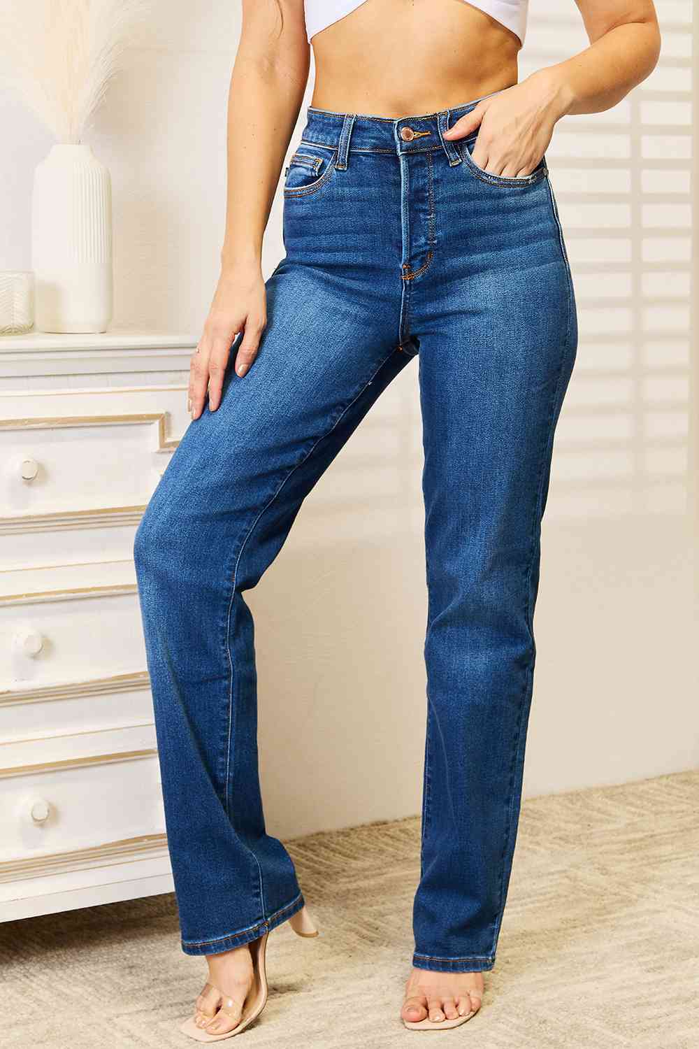 Judy Blue, High-Rise Hidden Button-Fly Straight Leg Dad Jeans Style 82556