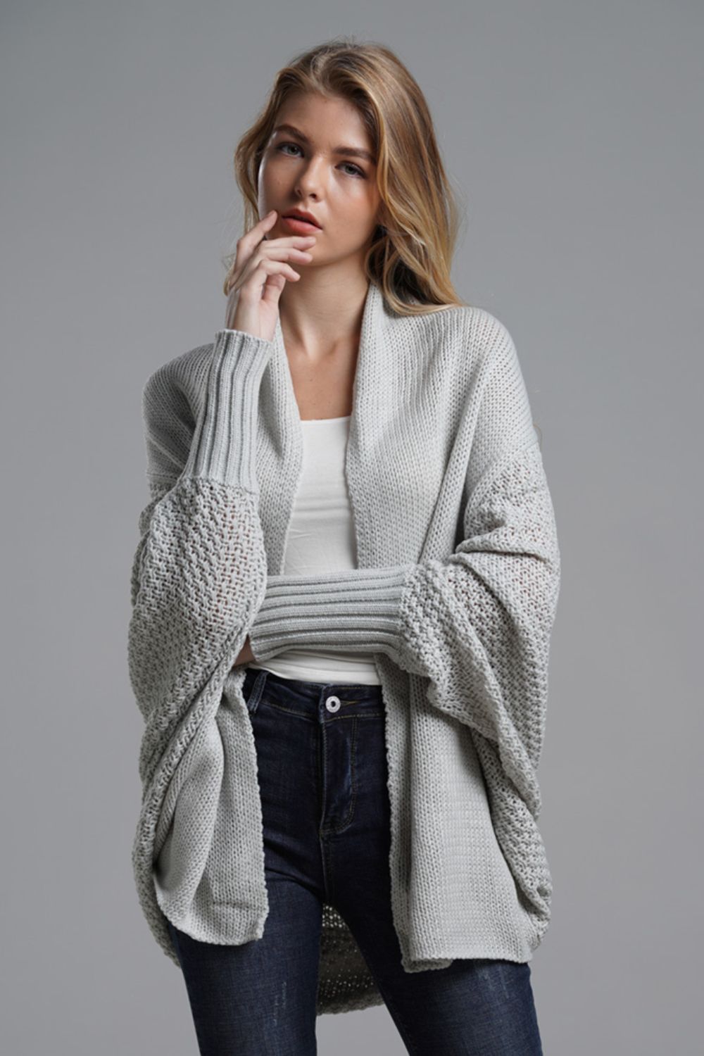 Dolman Sleeve Open Front Ribbed Trim Longline Cardigan In Gray