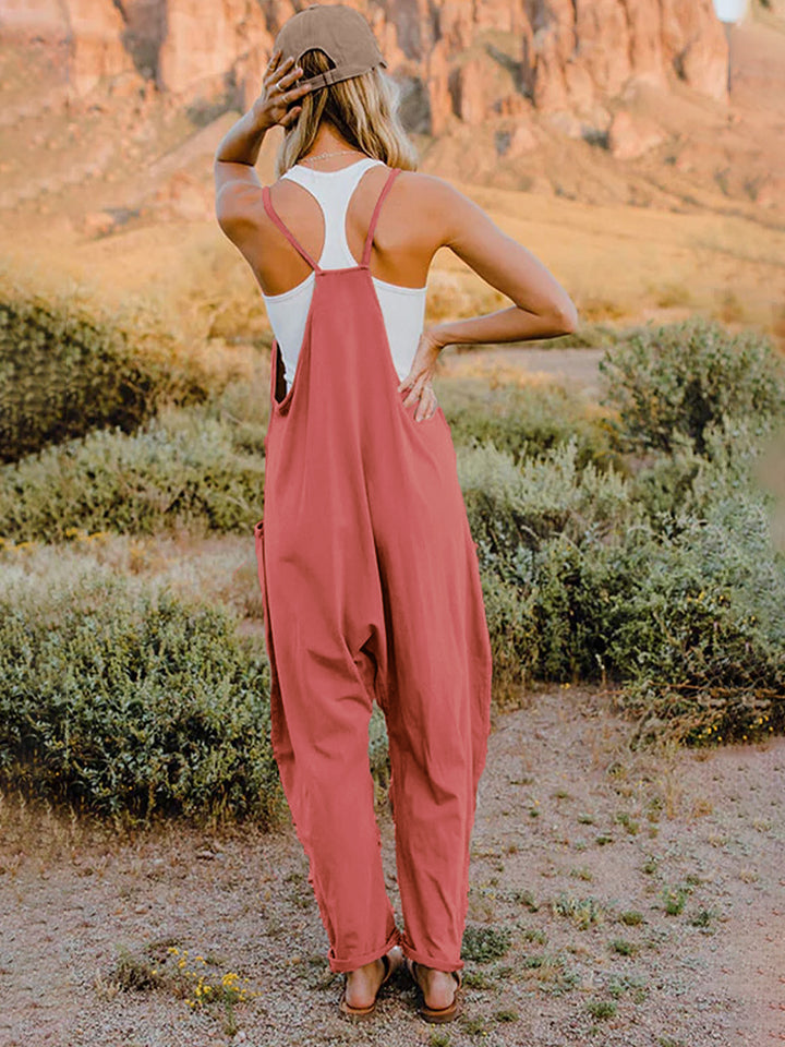 Back View, Double Take, Sleeveless V-Neck Pocketed Jumpsuit In Red Orange