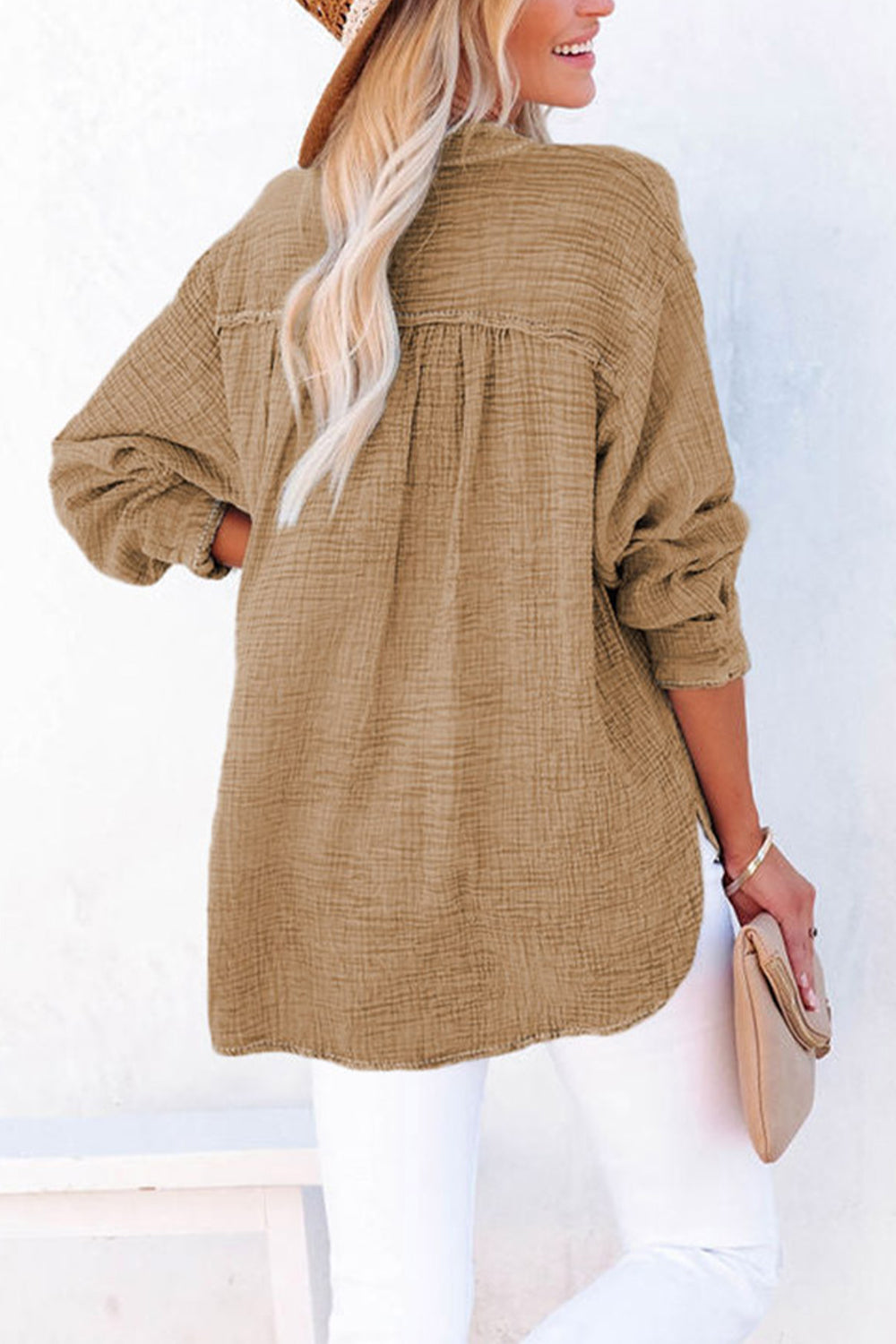 Back View, Buttoned Long Sleeve Blouse In Black In Khaki