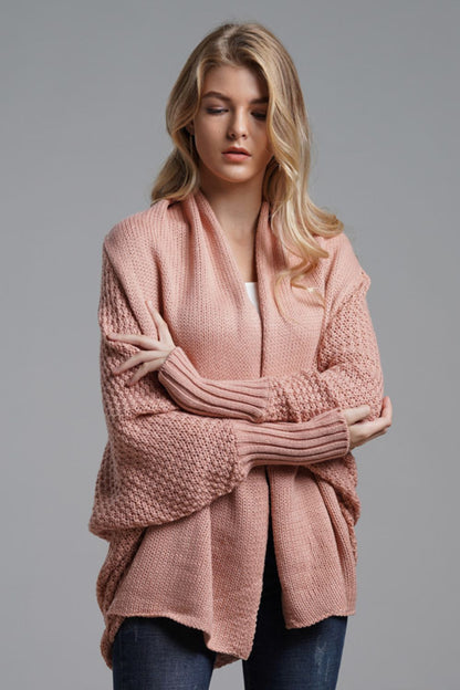 Dolman Sleeve Open Front Ribbed Trim Longline Cardigan In Pink