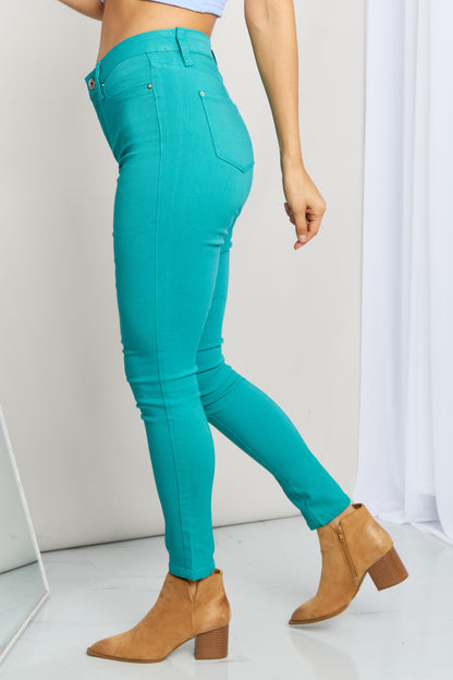 Side View, YMI Jeanswear, Kate Hyper-Stretch Full Size Mid-Rise Skinny Jeans in Sea Green