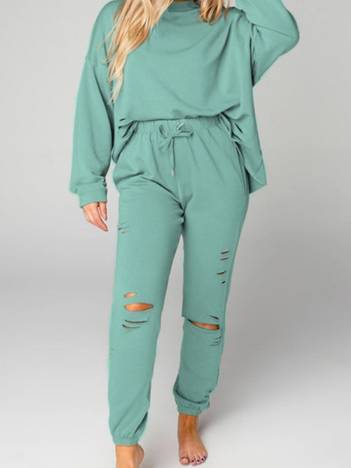 Distressed Sweatshirt and Joggers Set In Gum Leaf