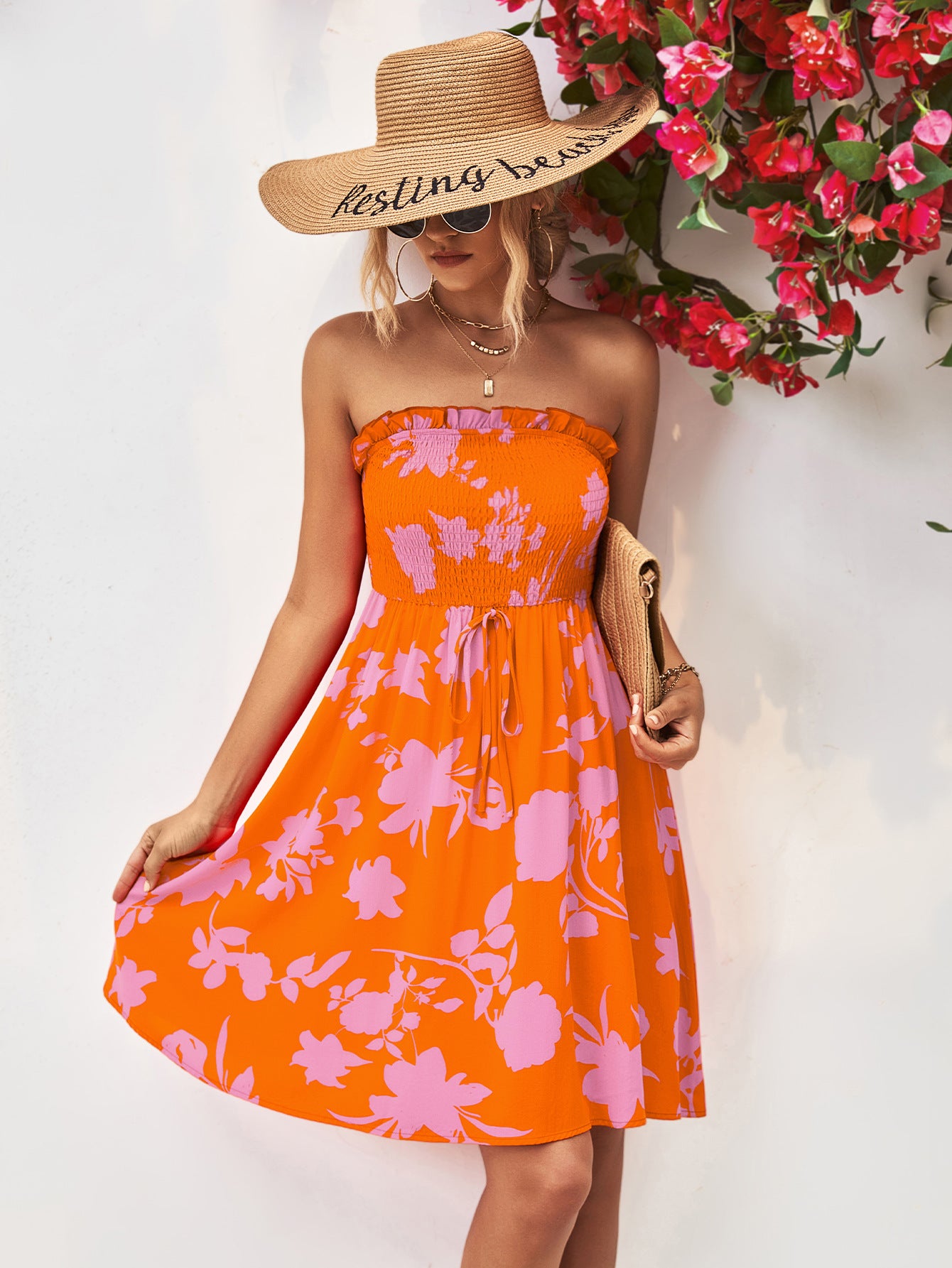 Floral Frill Trim Strapless Smocked Dress In Orange