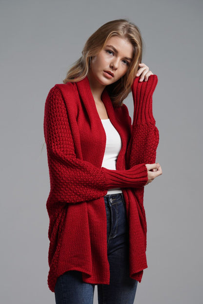 Side VIew, Dolman Sleeve Open Front Ribbed Trim Longline Cardigan In Wine