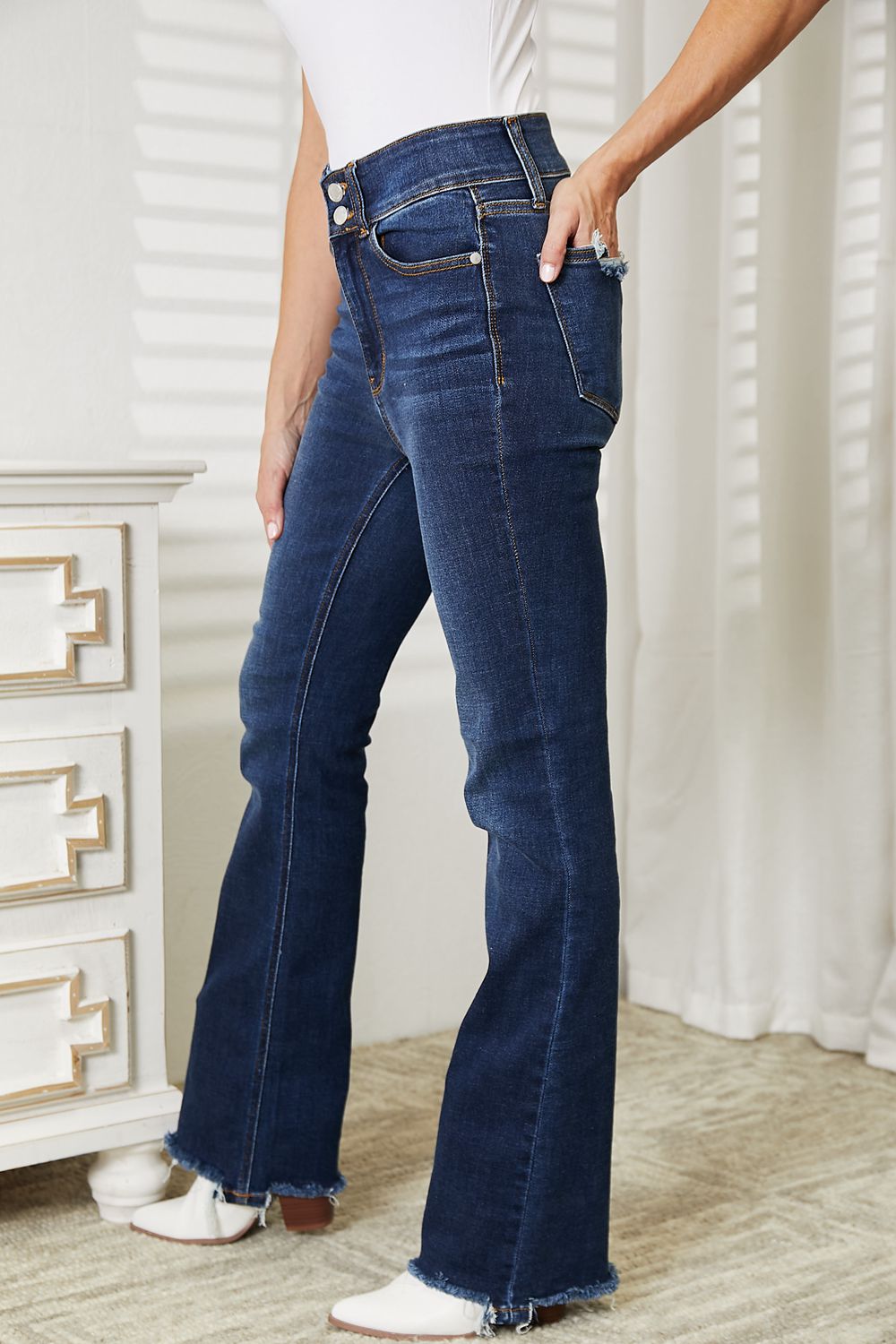 Side View, Judy Blue High-Rise Vintage Bootcut Frayed Hem Jeans Style 82568
