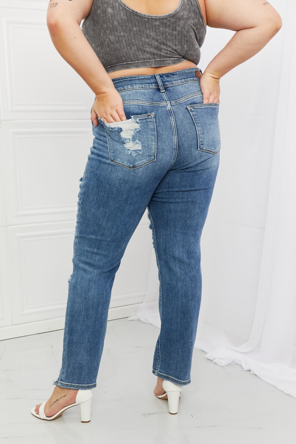 Back View, Plus Size, Judy Blue, Mid-Rise Heavy Destroy Straight Jeans