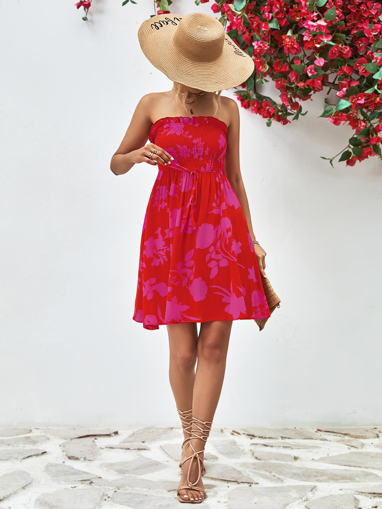 Floral Frill Trim Strapless Smocked Dress In Deep Red