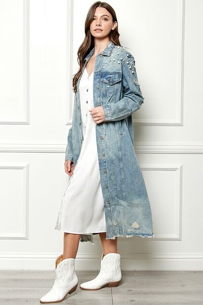 Side View, Veveret, Distressed Raw Hem Pearl Detail Button Up Jacket