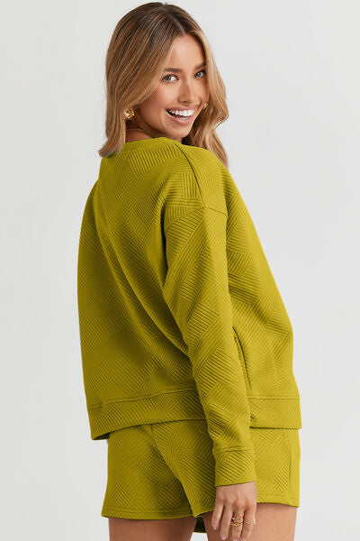Back View, Double Take, Textured Long Sleeve Top and Drawstring Shorts Set In Chartreuse