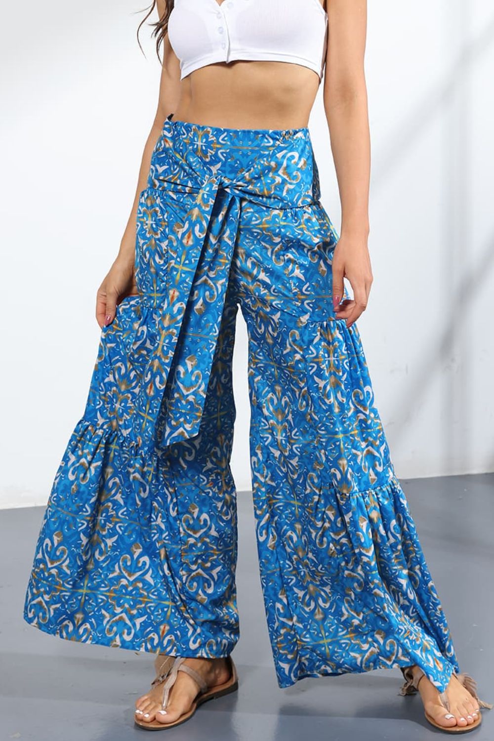 Printed High-Rise Tied Culottes In Sky Blue
