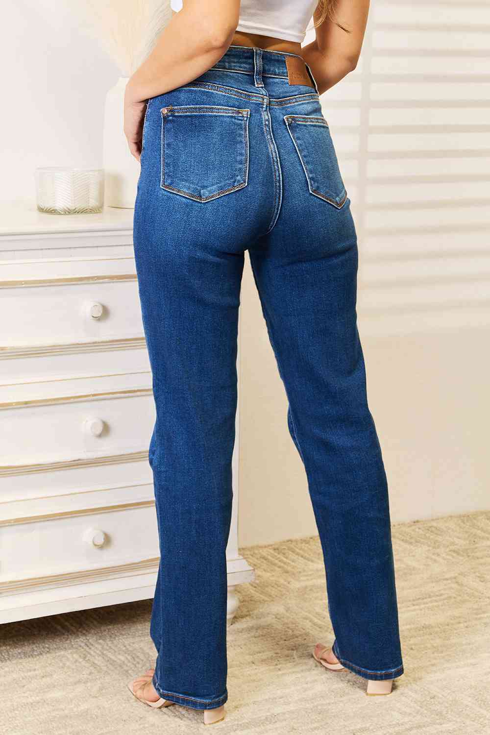 Back View, Judy Blue, High-Rise Hidden Button-Fly Straight Leg Dad Jeans Style 82556