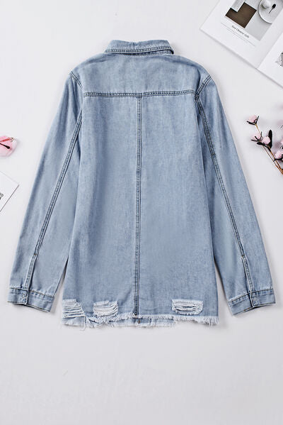 Back View, Distressed Snap Down Denim Jacket In Sky Blue