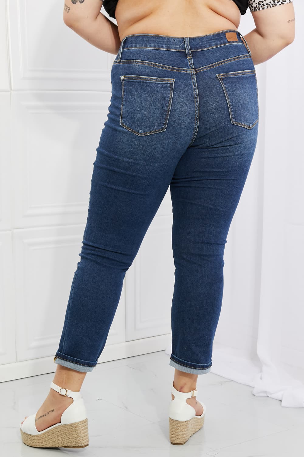 Back View, Plus Size, Judy Blue, High-Rise Sustainable Cool Denim Cuffed Boyfriend Jeans Style 88608