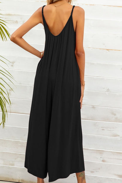 Back View, Spaghetti Strap Scoop Neck Jumpsuit In Black