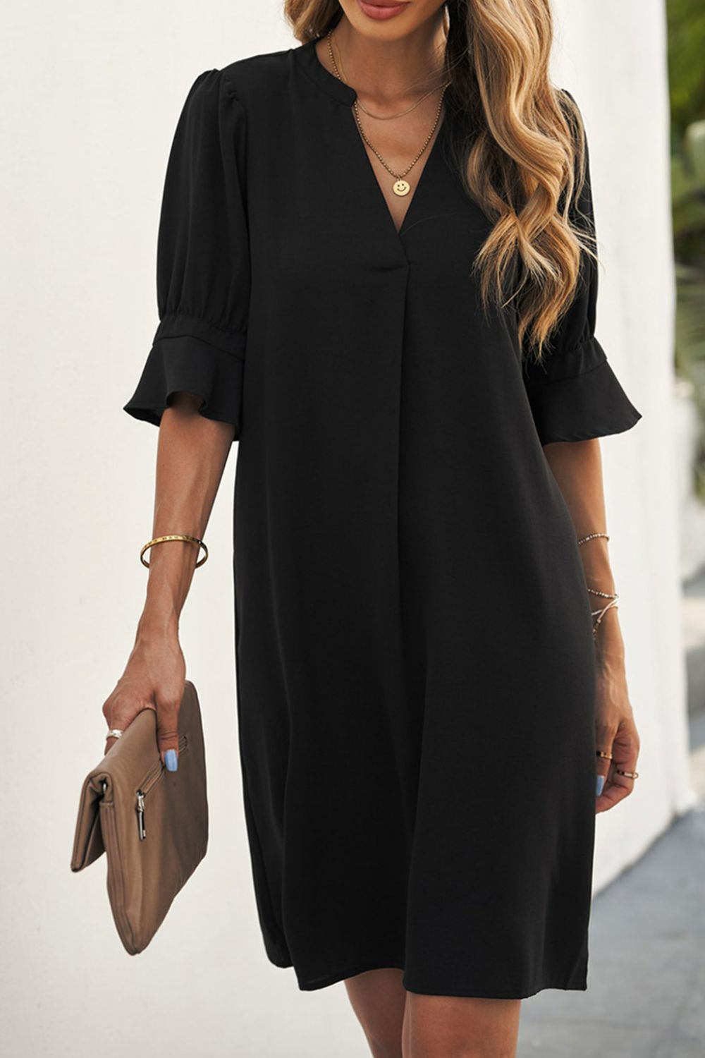Close-Up, Puff Sleeve Notched Mini Shift Dress In Black