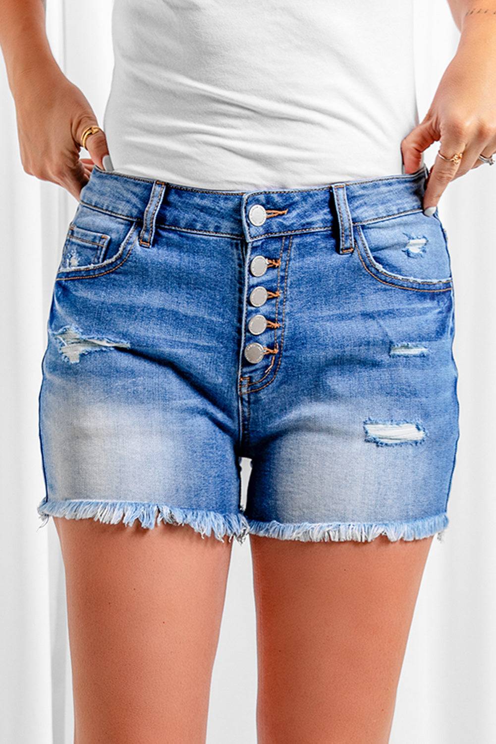 Exposed Button Fly Raw Hem Denim Shorts By THE BRAND Shopping