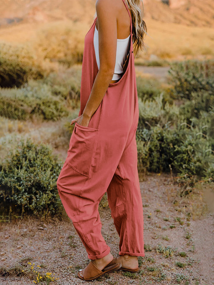 Side View, Double Take, Sleeveless V-Neck Pocketed Jumpsuit In Red Orange