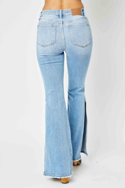 Back View, Judy Blue, Mid Rise Raw Hem Slit Flare Jeans Style 82601