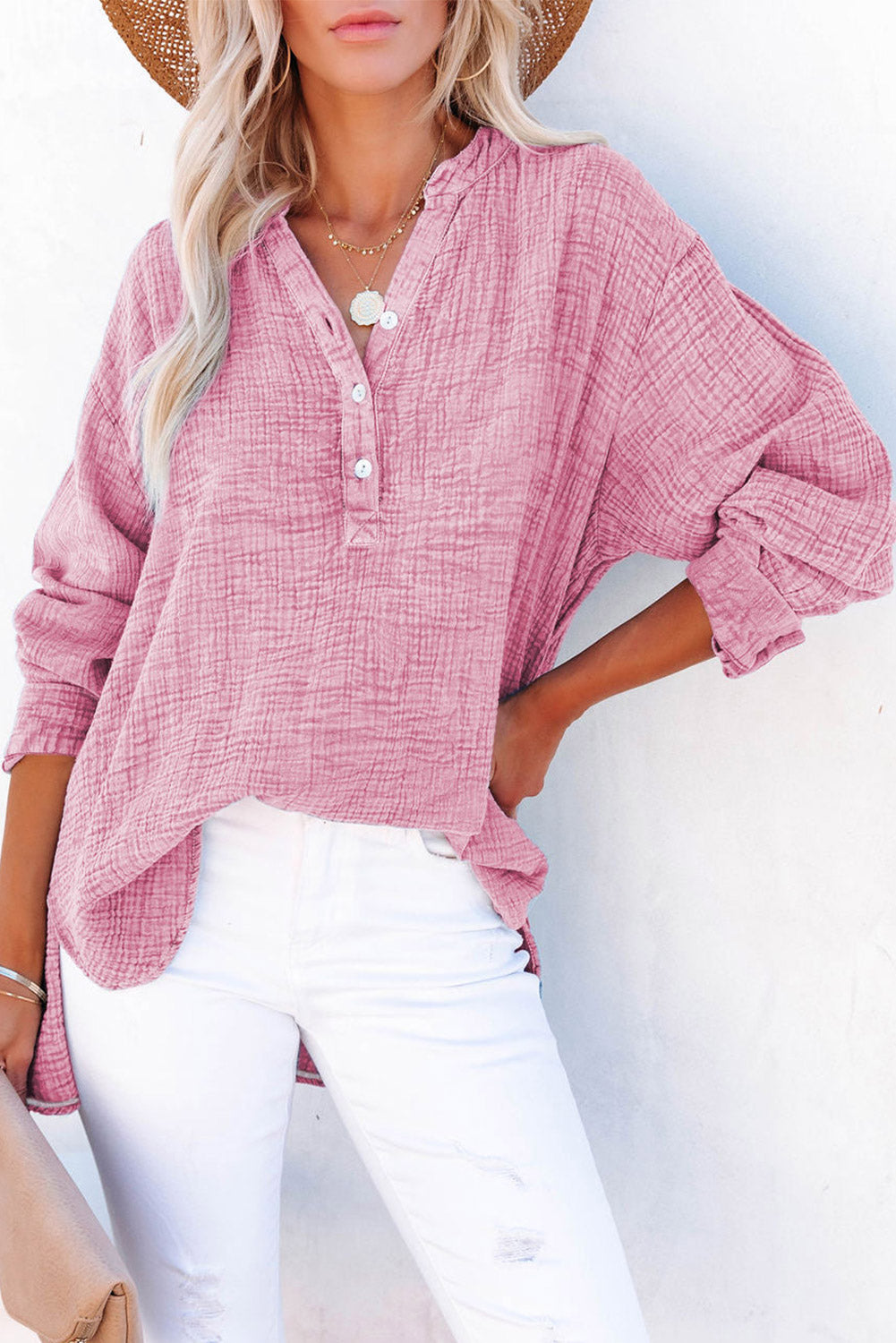 Buttoned Long Sleeve Blouse In Black In Dusty Pink